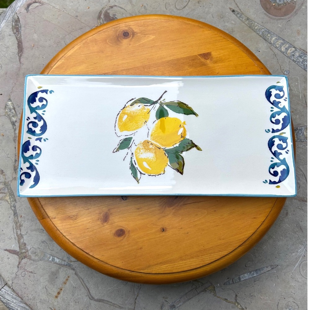 Rectangle Lemon Serving Platter‎ Large Yellow Blue Handpainted Papart Seramik